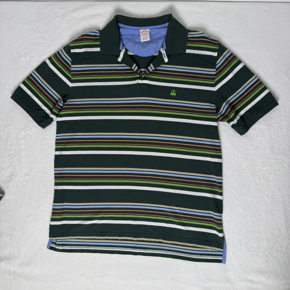 Brooks Brothers Mens Performance Polo Shirt L Green Striped Original Fit Cotton